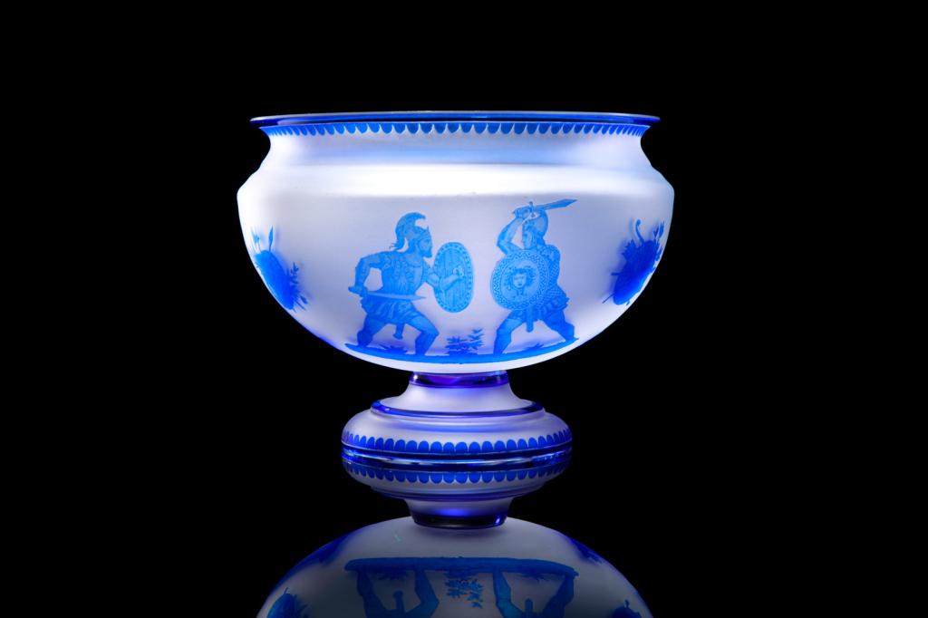 ACID ETCHED FROSTED GLASS BOWL: Possibly English Webb, clear frosted footed bowl features cobalt blue classical theme surrounding with banded borders. Unmarked, unsigned. H. 15 cm (5 7/8 in) Dia. approx. 18.5 cm (7 1/4 in)