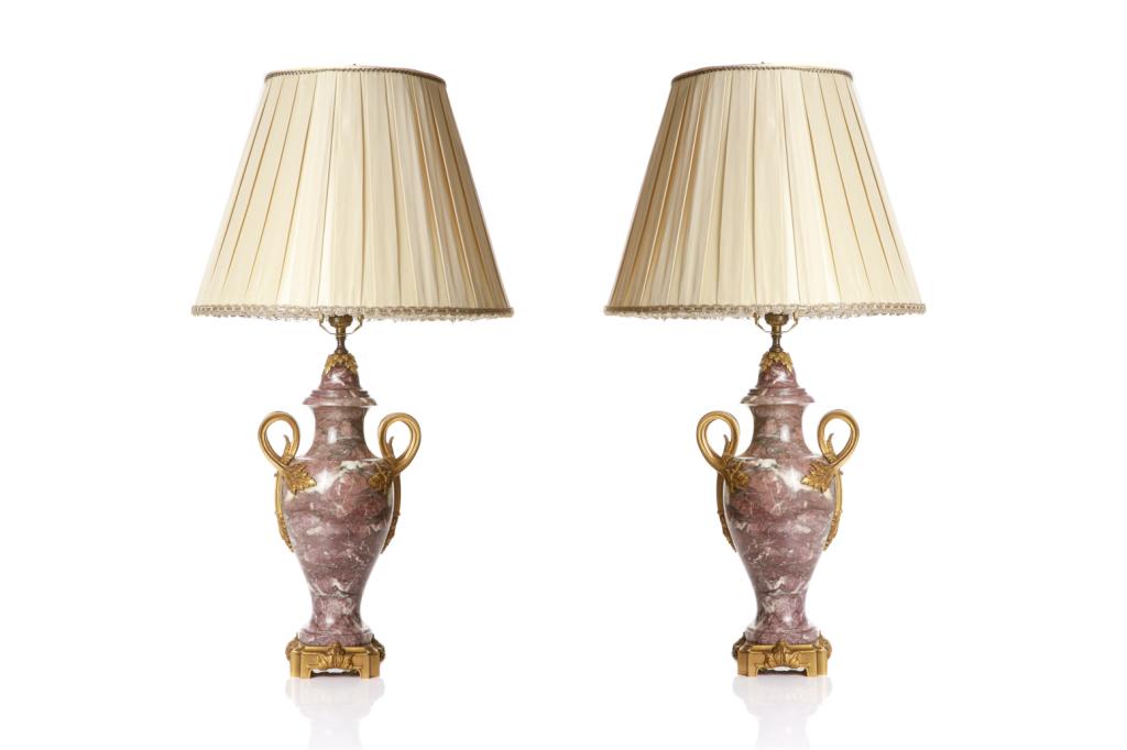 PAIR OF MARBLE & ORMOLU MOUNTED URNS: French, gilded bronze with variegated purple marble body, leaf form looped handles and bases. Converted to table lamps. H. of each body approx. 44 cm (17 1/4 in) H. total to top of finial 83 cm (32 1/