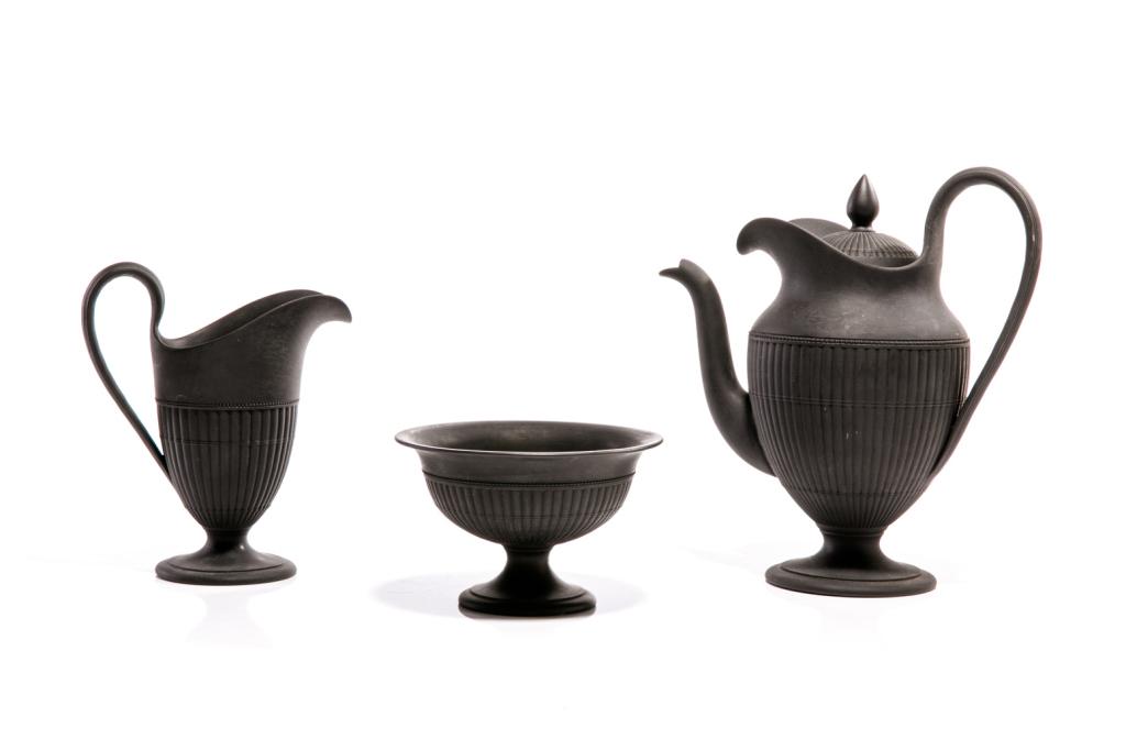 THREE PIECE WEDGWOOD BASALT COFFEE SET: English, 19th C. Bamboo pattern, including coffee pot, sugar and creamer jug. Impressed Wedgwood marks to the underside of each base H. of largest 19.5 cm (7 5/8 in)