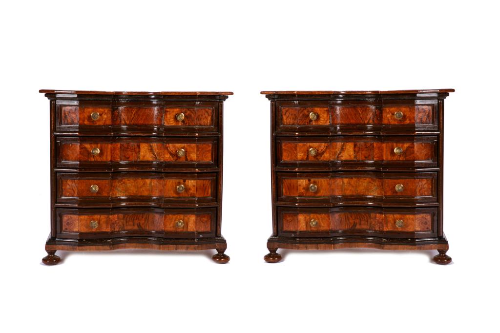 PAIR OF 18TH C ITALIAN FOUR DRAWER CHESTS: Walnut cabinets with shaped fronts and burled walnut bands at drawers. Pine interior. Bun feet. Brass disc knob pulls. 18th c. H. 30 1/2 W. 34 D. 19 in