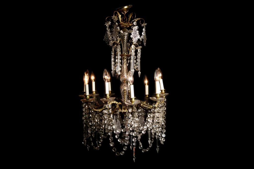 FRENCH ANTIQUE BRONZE & GLASS CHANDELIER: Six branch fixture with central Baccarat style moulded post, faceted glass drops, electrified, 19th C.