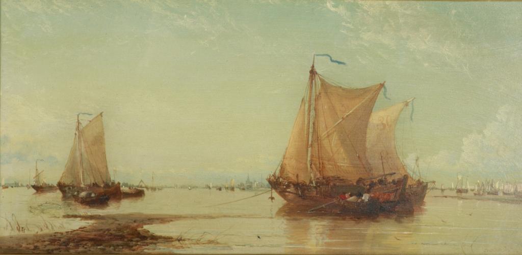 JAMES WEBB (British,c. 1825-1895): Monikdam, Holland {Monnikendam} Oil on panel Signed and dated '76 lower right Size: 8.75 x 18 in.
