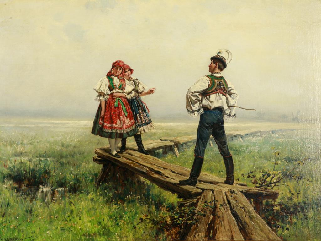 ADOLF LIEBSCHER I (Czech, 1857-1919): A Kiss for a Passage Oil on canvas laid to board Signed and dated 1887 lower left Size: 24 x 33 in.