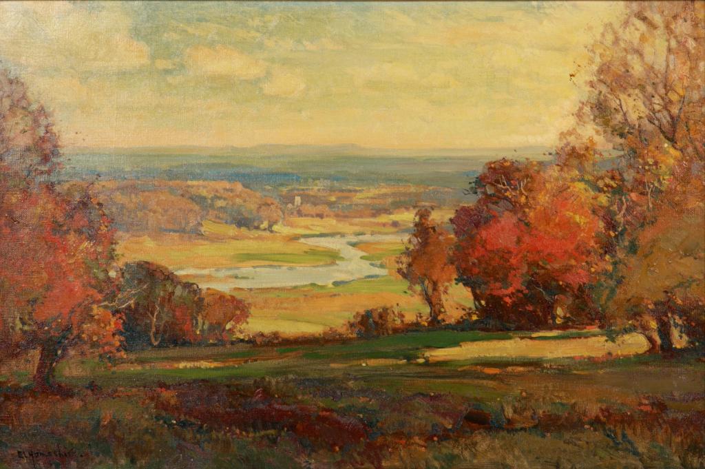 ERNEST LLEWYN HAMPSHIRE (British, 19th C): Autumn in Devonshire Oil on canvas Signed lower left; titled to partial old label verso Size: 20 x 30 in.