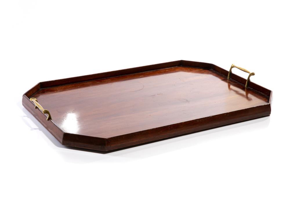 EDWARDIAN MAHOGANY TRAY: A two-handled rectangular serving tray with brass handles. L. 64.1 cm (25 1/4 in.)