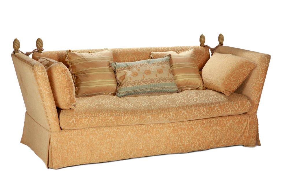 CONTEMPORARY KNOLL STYLE SOFA: Gold damask upholstery, painted wood pineapple form finials with down filled cushion and pillows. H. 34 W. 85 D. 35 in.