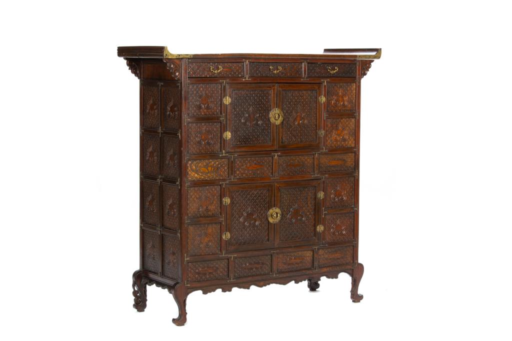 KOREAN CABINET CHEST OF DRAWERS: Three drawers to top and two stacked cabinets. 19th to early 20th C. H. 98cm L. 97cm D. 34cm