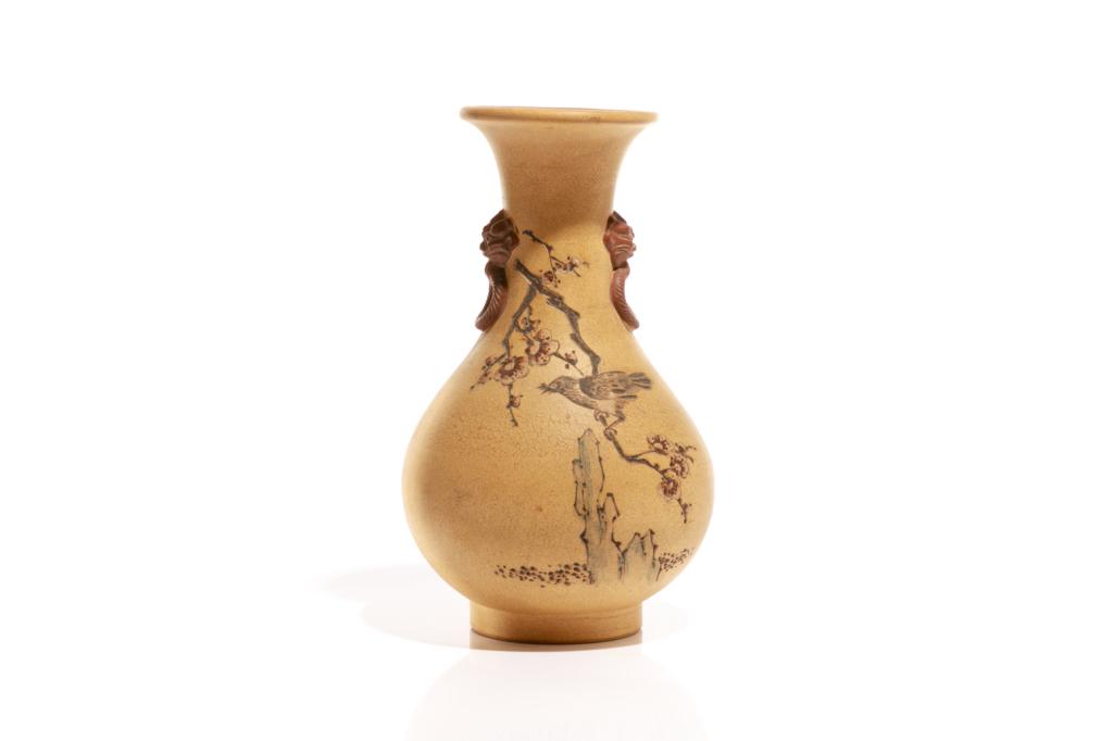 CHINESE YIXING POTTERY BOTTLE VASE: Incised decoration of birds and flowers to one side, and Han dynasty inspired archaistic character motifs to reverse. Pair of mask and ring handles to neck. Base stamp marked Xiao Kunsheng. Early 20th