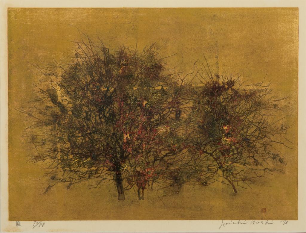 JOICHI HOSHI (1911-1979), TREES: Woodblock print on paper, framed. Signed in pencil Joichi Hoshi to lower right and dated 1973. Title lower left and edition 73/88. Image size: 33 x 44.5cm (13 x 17 1/2 in.) Frame size: 56 x 66.5cm (22