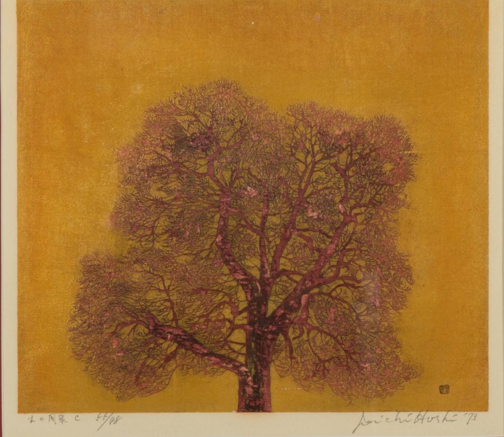 JOICHI HOISHI (1913-1979), RED TREE LANDSCAPE: Woodblock print on paper, framed. Signed in pencil Joichi Hoshi to lower right and dated 1973. Title lower left and edition 55/88. Image size: 33 x 37cm (13 x 14 1/2 in.) Frame size: 56 x 59cm (22 x 2