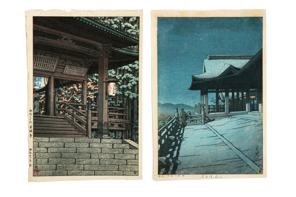 HASUI KAWASE (1883-1957), TWO PRINTS: Kiyomizu Temple, Kyoto; Tanigumi Temple, Mino. Woodblock print on paper. Image size: 36 x 24 (14 x 9 1/2 in.)