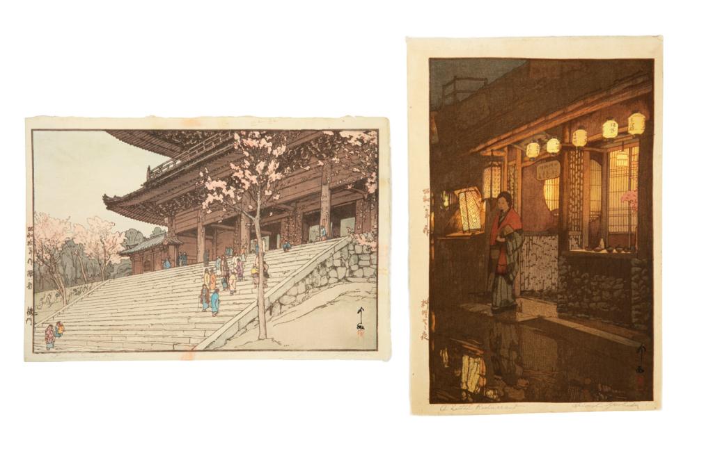 HIROSHI YOSHIDA (1876-1950), TWO PRINTS: Chionin Temple Gate; A Little Restaurant. Woodblock prints on paper. Image size: 37 x 24cm (14 1/2 x 1/2 in.)