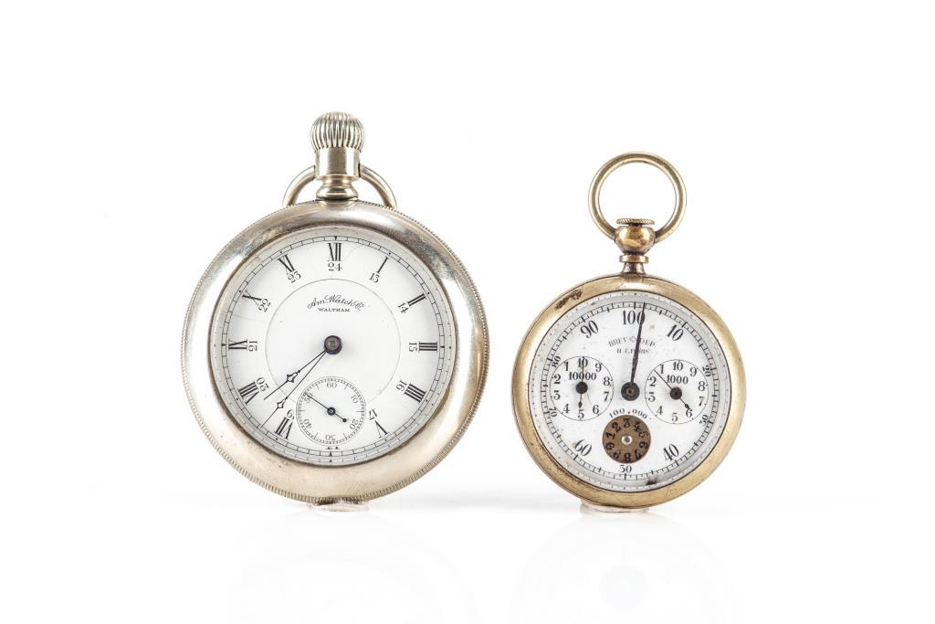 VINTAGE POCKET WATCH & PEDOMETER: Open face railroad, with an imprint of a railway train on the back case. Marked Silveroid. Serial no. 3795326 for Waltham. 128g t.w. Dia. 5.7 cm (2 1/4 in.). Together with a Henri Chatelain Paris pedo