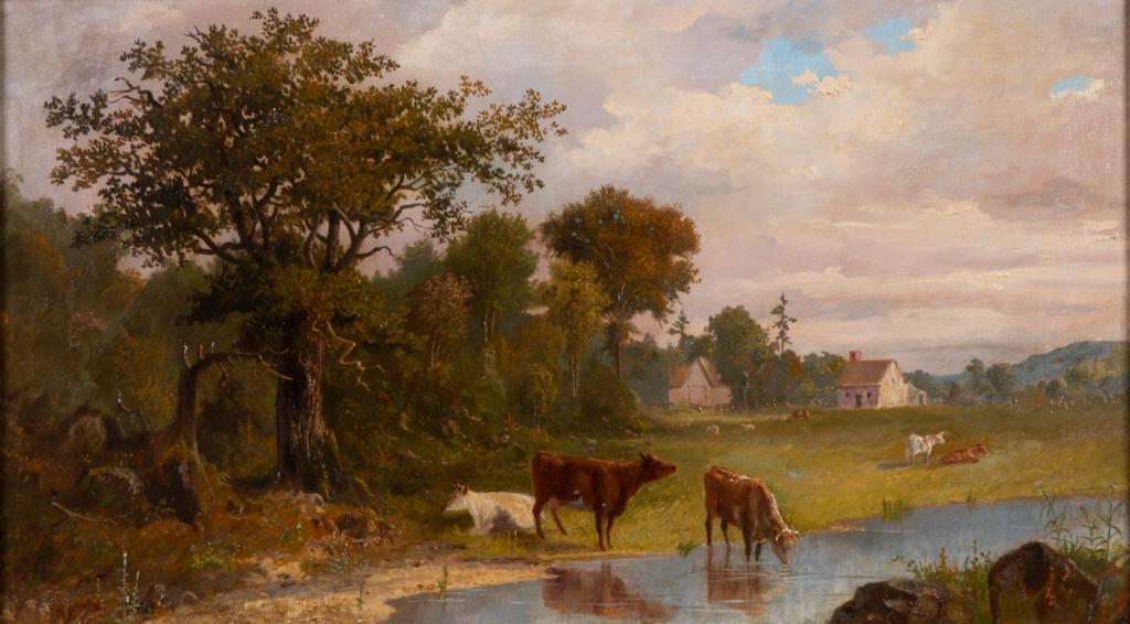MANNER OF HENRY HAROLD VICKERS (Cdn, 1851-1918): Landscape with Farm and Cows Watering Oil on canvas Size: 12 x 21.5 in.