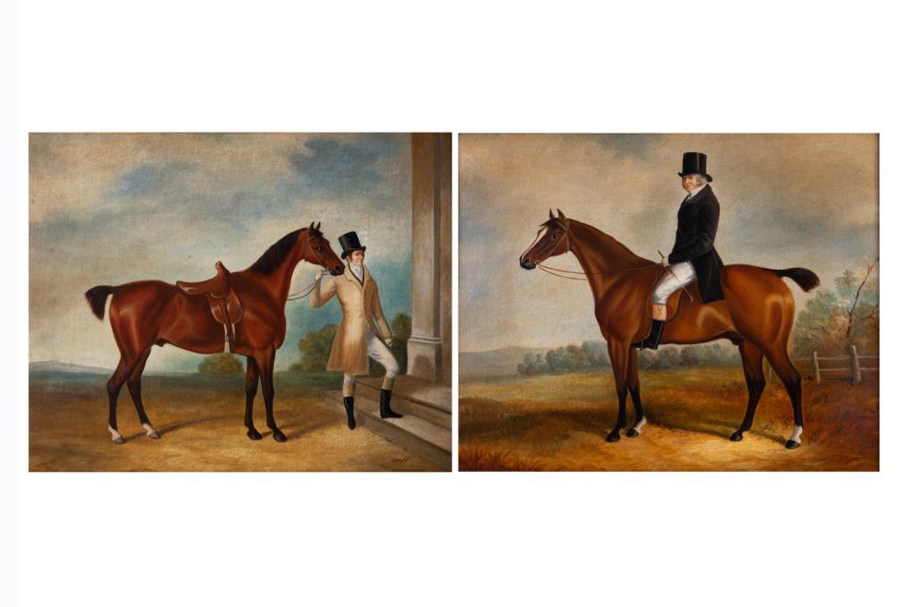 STYLE OF DAVID DALBY (British, 1794-1836): Horse and Squire (two paintings) Oil on canvas Size: 16 x 20 in. (each) note: with affected antique treatment.