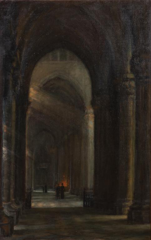 ATTRIB. GEORGES DELFOSSE (Canadian, 1869-1939): Interior of Notre Dame, Paris Oil on canvas Inscription verso given to Georges Delfosse by daughter, Madeline Delfosse, dated 17 August 1967 Size: 23 x 17.25 in.