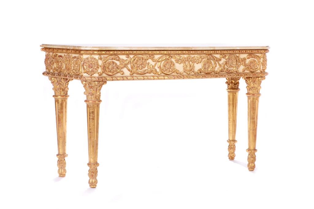 DECORATIVE MARBLE TOP GILTWOOD CONSOLE TABLE: On tapering fluted legs with acanthus tops, two-toned swag and medallion apron, and contemporary marble top. H. 34 W. 60 D. 23 1/2 in.