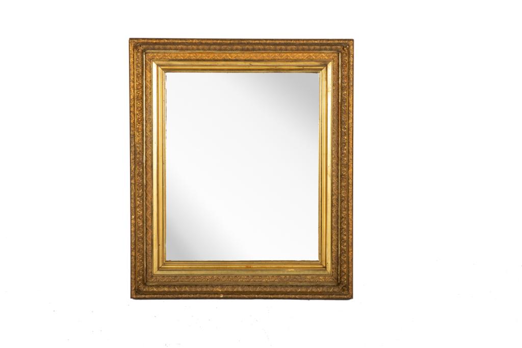 ANTIQUE GILDED GESSO MIRROR: Rectangular frame with gilded embossed stepped, borders and inset mirror. 19th C frame. H. 42 W. 36 D. 3 1/2 in