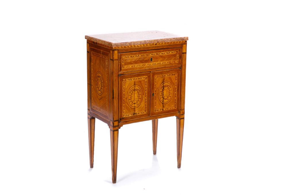 18TH C ITALIAN TWO-DOOR SIDE TABLE: With inlaid front with one cupboard and one drawer, together with pink marble top. H. 33 3/4 W. 21 D. 13 1/2 in.