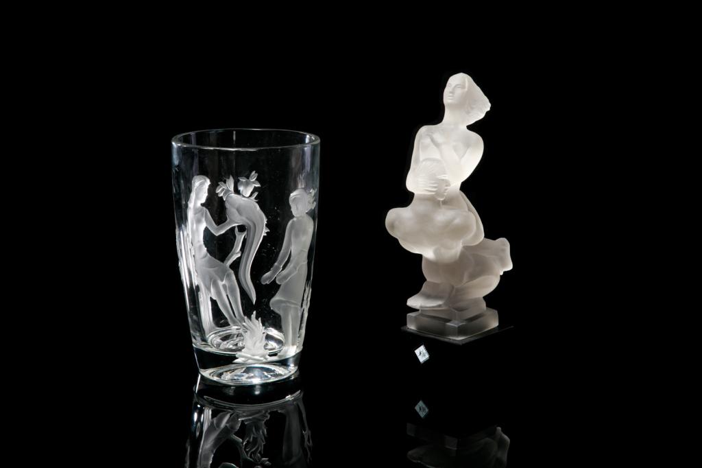 CLEAR ART GLASS VASE & CZECH FROSTED FIGURE: German, Art Deco Crystal Verlys Carl Schmitz vase. Signature etched on the underside and dated 1940. One of Four Season series, with frosted figural scenes depicting personifications of Fall and Winte
