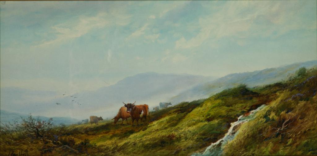 L. CAMPBELL (British School, 19/20th C): Highland Cattle Watercolour Signed lower left Size: 9.5 x 19.5 in.