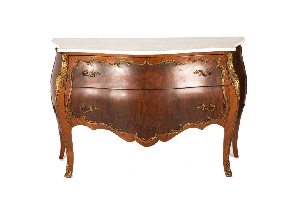 FRENCH TWO DRAWER MARBLE TOP COMMODE: Rosewood veneered drawers and sides framed with bronze mounts and pulls, white marble top. 20th C. H. 32 1/4 W. 48 3/4 D. 24 in.