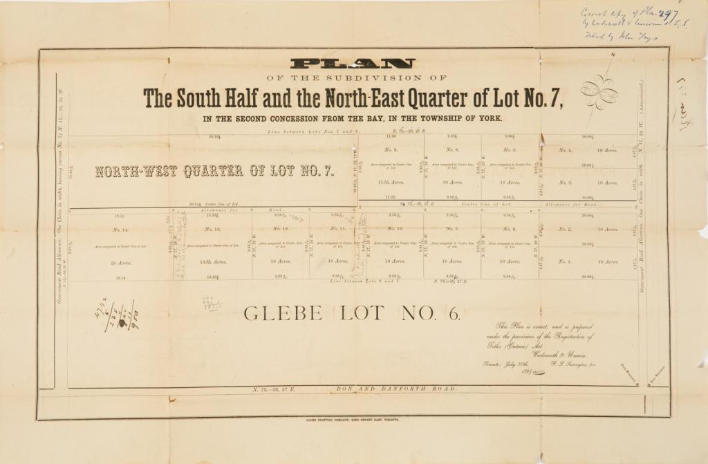 [TORONTO REAL ESTATE BROADSIDE] Township of York: [Toronto Real Estate Broadside]. Township of York. Plan of The Subdivision of The South Half and The North East Quarter of Lot 7 July 20, 1869Lithograph Map on Paper. 37.5 x 58.5 cm