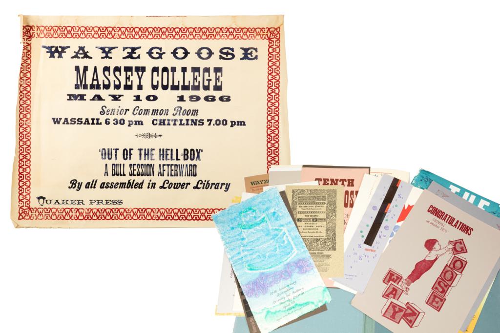 [PRINTING AND PRESS] Wayzgoose Portfolio: [PRINTING AND PRESS]. Wayzgoose Broadsheet Portfolio 10, including Wayzgoose book and rate poster.26 loose pieces housed in a blue portfolio; cloth backed with handmade paper boards. Each broadsheet n