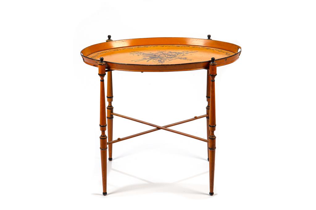 VINTAGE ORANGE TOLE PAINTED TRAY ON STAND: H. 22 in W. at largest point: 25 1/2 in