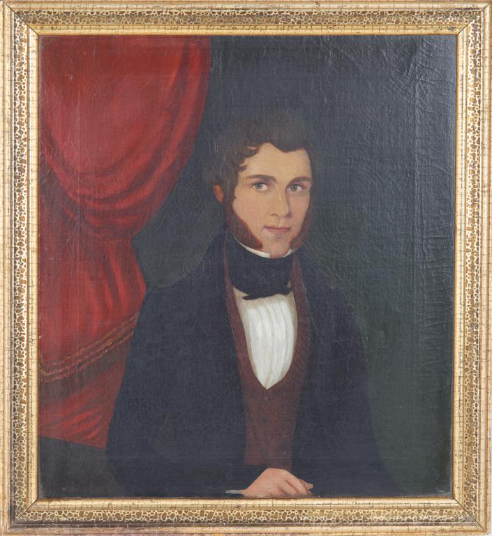 BRITISH or AMERICAN SCHOOL (early 19th C): Portrait of a Young Man with Black Ascot in the Folk Art manner Oil on canvas Size: 19.75 x 18.75 in.