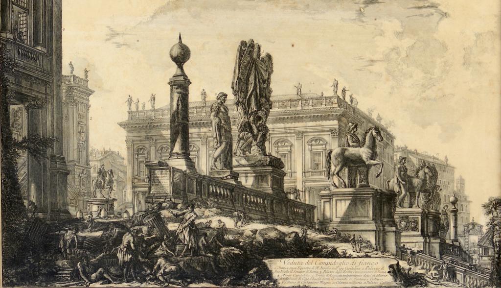 AFTER GIOVANNI BATTISTA PIRANESI: Veduta del Campidoglio di fianco [From Vedute di Roma] Etching Size: 15.5 x 26.75 in. (plate) 21.75 x 32.75 in. (overall framed)