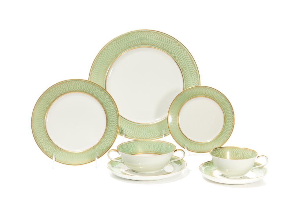 ROSENTHAL PORCELAIN 47 PIECE DINNER SERVICE: Rosenthal, Germany. White ground with mint green borders, gilded trims and loop design. Marked to underside of each with maker and inscribed "Helena". Set is comprising:Eight dinner plates Eight lunch
