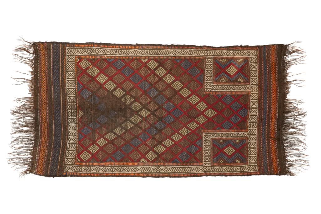 SEMI ANTIQUE KILIM PRAYER MAT: Chevron pattern in red, blue and cream ground. 4' 7" x 2' 6"