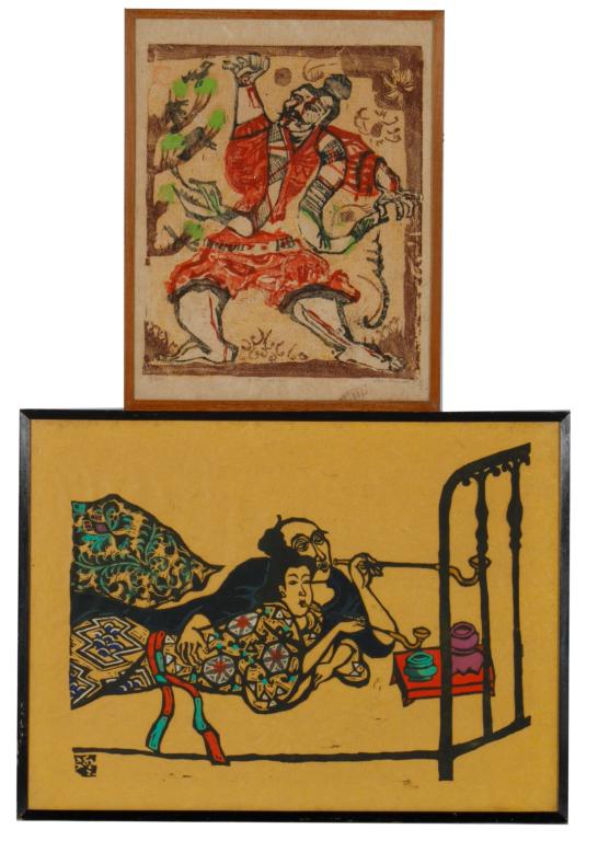 TWO JAPANESE & KOREAN SCHOOL PRINTS: Inlcuding a Lee Hang-Sung (Korean, 1919-1997), frame 48 x 38cm (18 3/4 x 15 in.) Another of Japanese school print showing smokers. Frame: 49 x 66cm (19 1/4 x 26 in.) Provenance: Collection ofMark and 
