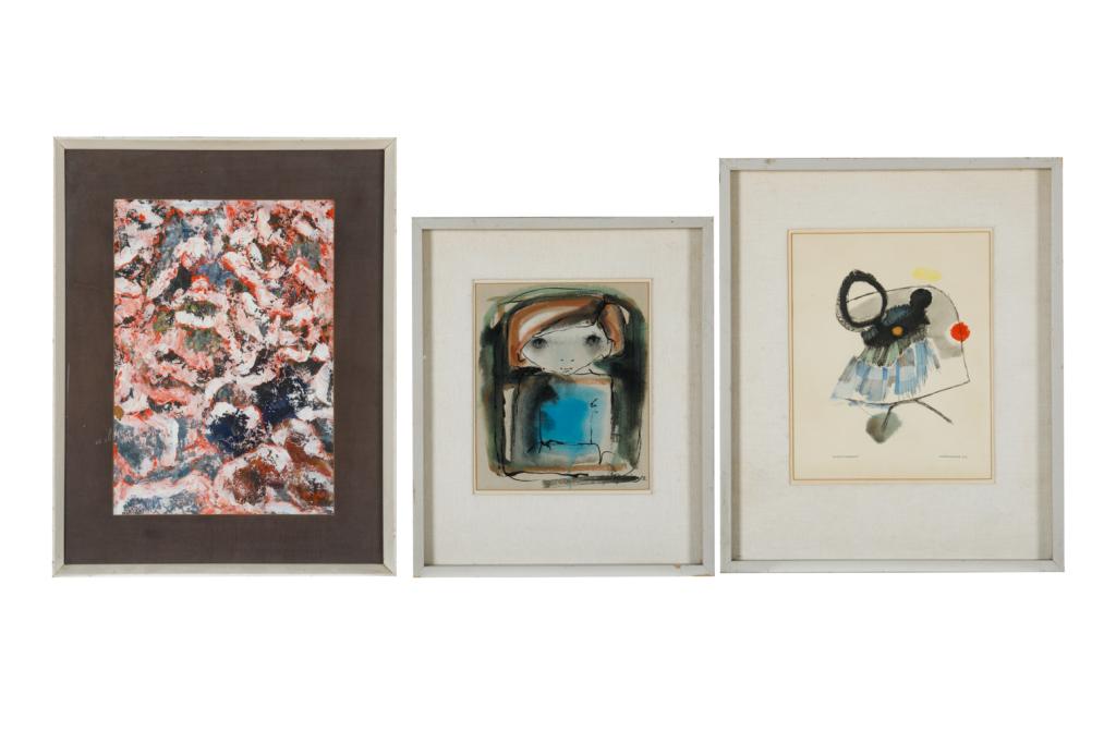 THREE FRAMED DECORATIVE PAINTINGS: Pepe Ramirez (Jose Erasto Ramirez) (Cuban, 1935-1973), watercolor, 1962, 10x8 in; Consuegra Datiki, watercolor, 1962, 10 1/2 x 8 1/2 in; MON, Acrylic, 1950s/60s, 13 x 9 1/4 in.