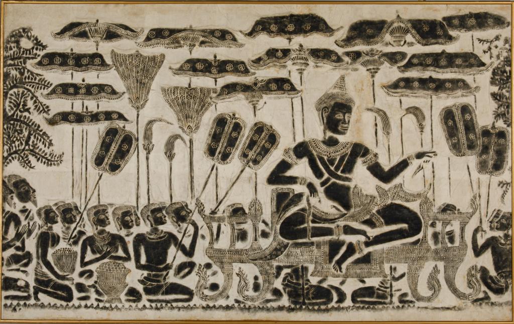 LARGE CAMBODIAN ANGKOR WAT RELIEF INK RUBBING: Ink on paper, framed. Frame size: 105 x 167cm (41 x 66 in.) Provenance: Collection of Mark and Suzanne Gayn.