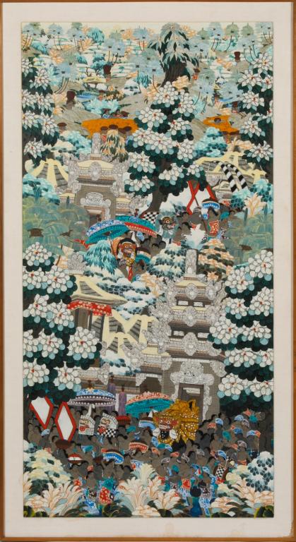 INDONESIAN BALI UBAD PAINTING OF FESTIVAL SCENE: Paint on canvas, framed. Frame size: 152 x 83cm (60 x 32 1/2 in.) Condition noted.