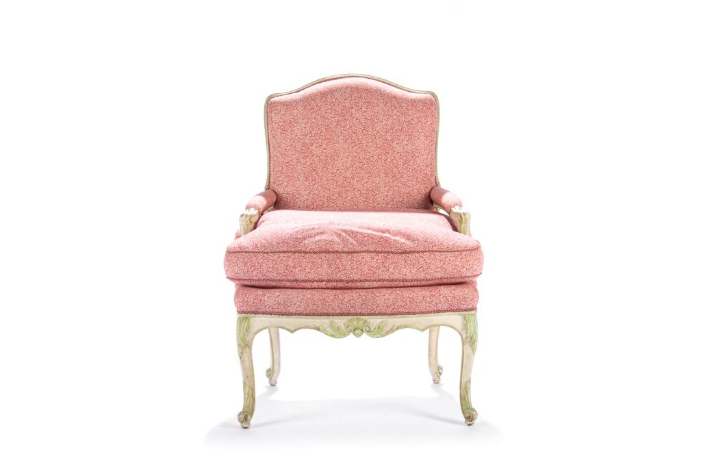 VINTAGE PAINTED FRENCH ARMCHAIR: Light green and white painted frame, upholstered in a floral red ground with down filled cushion seat and gingham back. H. 35 W. 27 D. 20 in