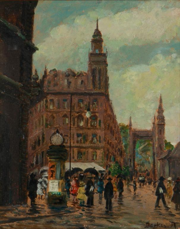 ATTRIB. ANTAL BERKES (Hungarian, 1874-1938): European Street Scene Oil on board Signed lower right Size: 10.5 x 9.5 in.