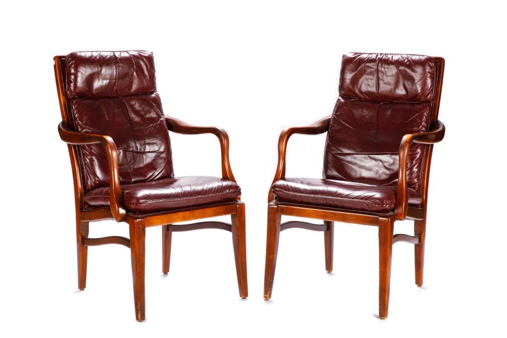 PAIR OF CONTEMPORARY OPEN ARMCHAIRS: With burgundy leather upholstery by The Century Chair Company, Hickory, North Carolina. H. 40 W. 24 D. 29 in Condition report available upon request.