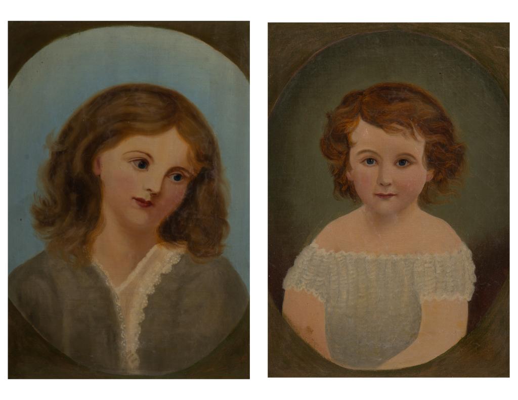 PAIR OF 19TH CENTURY PORTRAITS OF SISTERS: 19th C British or American Folk School Oil on canvas Size: 17 x 12 in. (each)
