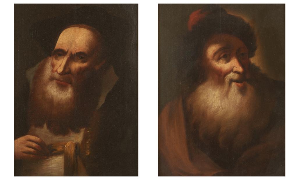 DUTCH SCHOOL (19/20th C): Two Portraits of Bearded Men with Caps Oil on panel Size: 12 x 8 in. (each) One signed on verso "P.A.L. pinx"