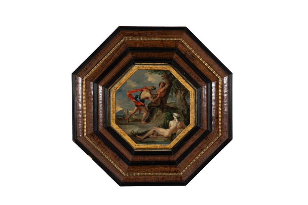ANTIQUE PAINTED PANEL OF A CLASSICAL THEME: Apollo Flaying Marsyas Old handwritten label attributes work to Adriaen van der Werff (Dutch, 1659-1722) Size: 10.25 x 10.5 in. Likely 17th or 18th C.