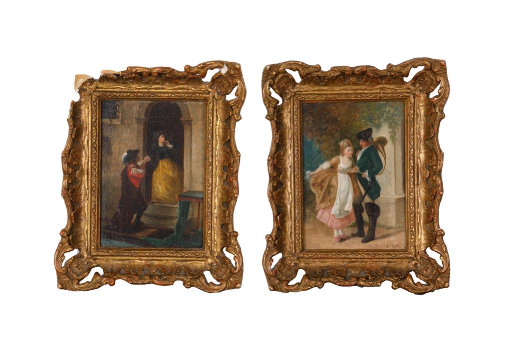 PAIR OF CONTINENTAL SCHOOL GENRE PAINTINGS: Depicting Romantic Scenes Oil on panel Signed CR (?) Roth Size: 10 x 8 in. (each, framed) Note: Piece of frame missing.
