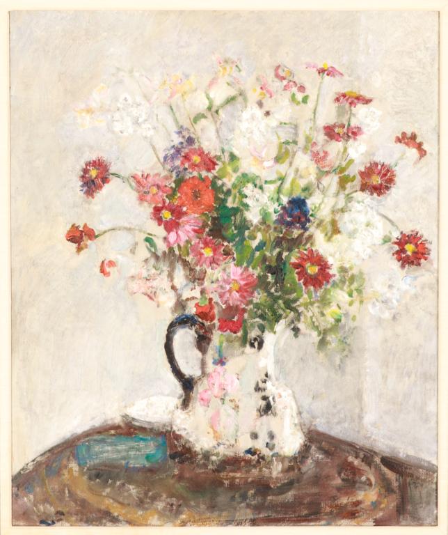 ETHEL WALKER (British, 1861-1951): Floral Still Life Oil on canvas Size: 30 x 24.75 in. Provenance: Provenance: The Estate of the Late Senator E. Leo Kolber Westmount, Quebec.; The Fine Art Society Ltd., London, with invoice dated 1973