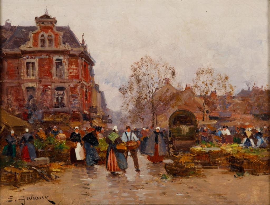 EUGENE GALIEN-LALOUE (French, 1854-1941): Market Scene in Normandy, c. 1905 Oil on canvas Signed lower left E. Galiany Size: 10.75 x 14 in. Note: This painting has been verified by the expert Mr. Noé Willer, Paris.