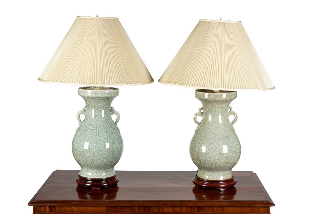 PAIR OF CHINESE CRACKLE CELADON VASE AS LAMPS (1 of 3)