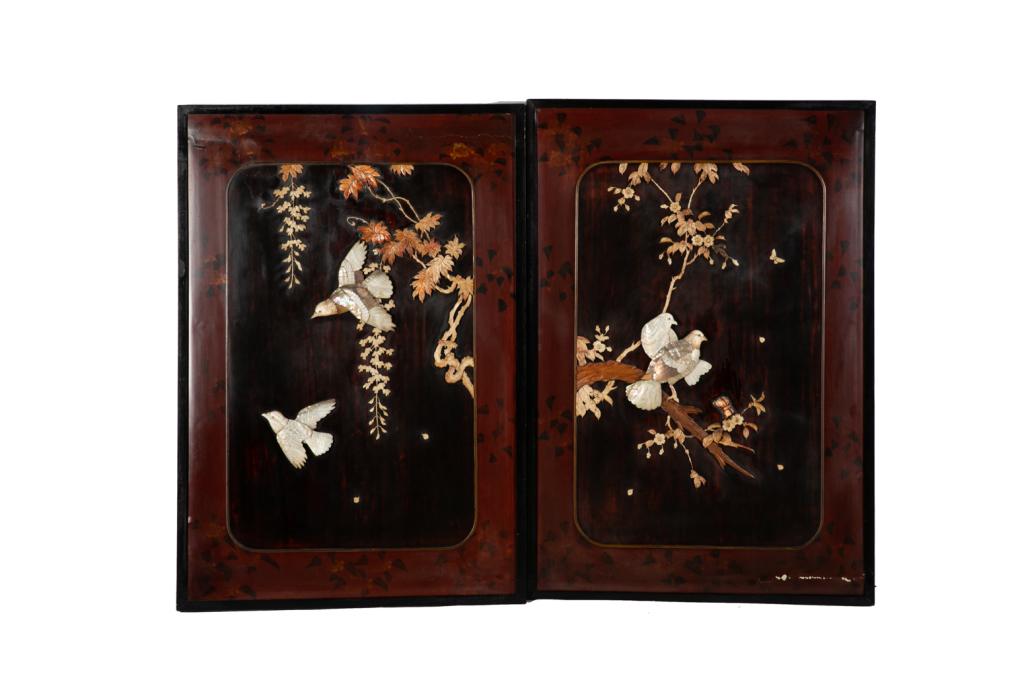 PAIR OF JAPANESE MIXED MATERIAL PANELS: Meiji period, late 19th CH. 39 3/4" W.(each):27 1/4"