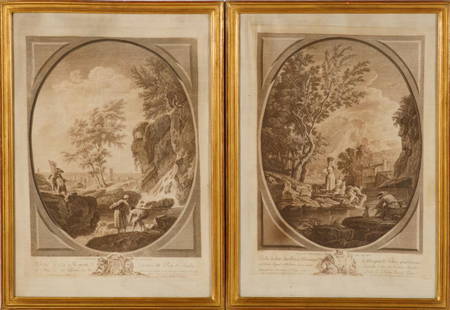 PAIR OF FRENCH ENGRAVINGS PRINTED ON LINEN: Depicting scenes after Claude Joseph Vernet's La Source Abondante Size: 26.5 x 19 in. (framed, each)