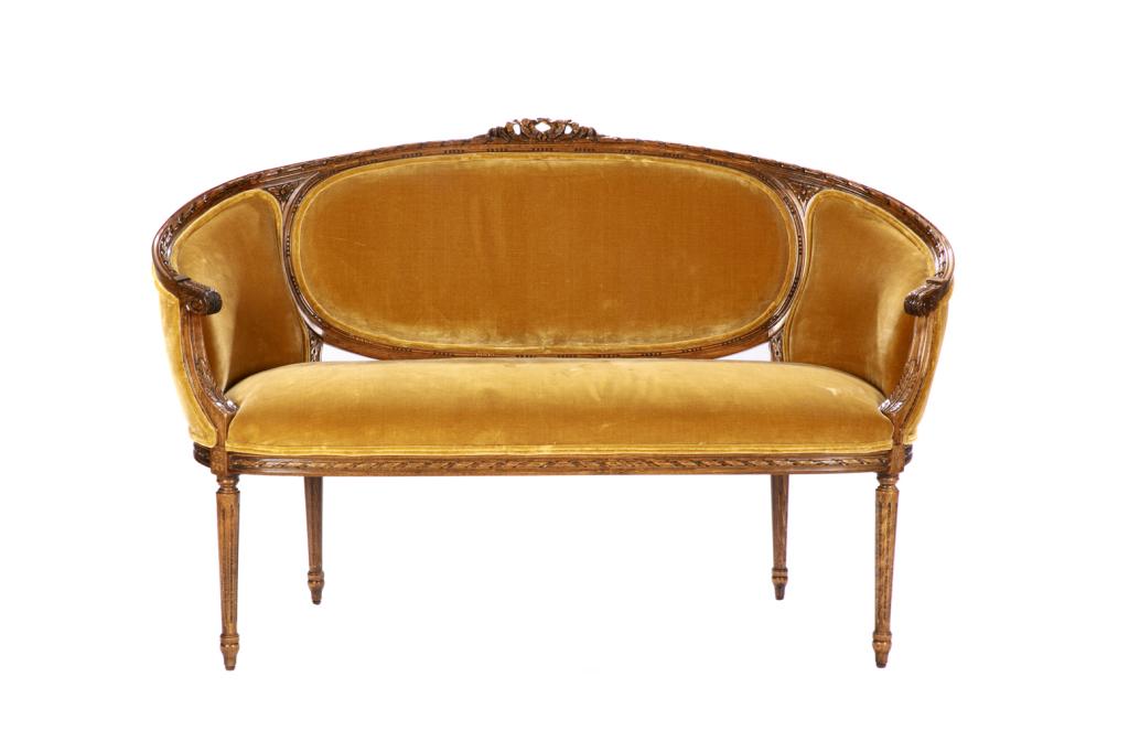 FRENCH SETTEE IN OCHRE VELVET UPHOLSTERY (1 of 2)